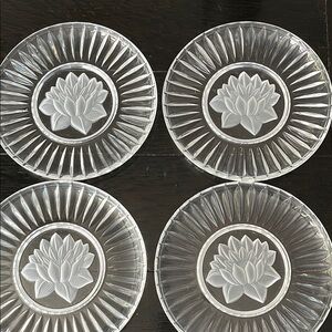 Elegant Clear Glass Lotus Plates Set, set of four, lotus flower etched from back